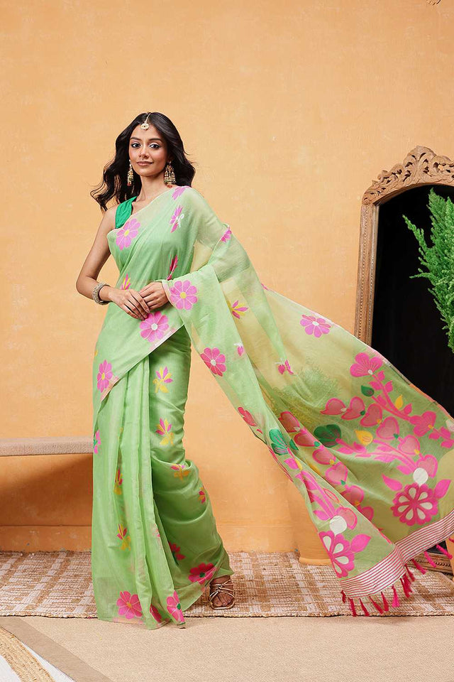 Green Floral Woven Cotton Ready to Wear Saree