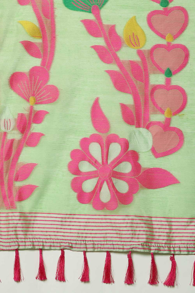 Green Floral Woven Cotton Ready to Wear Saree