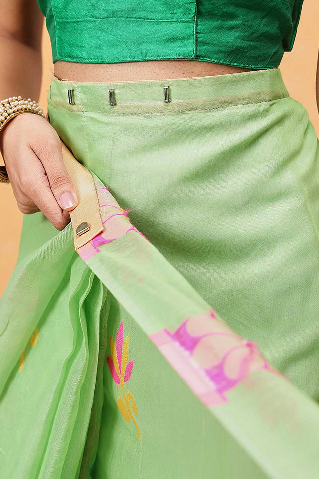 Green Floral Woven Cotton Ready to Wear Saree