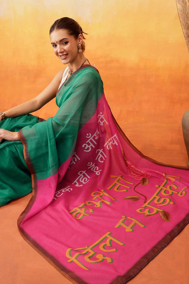 Green Solid Cotton Blend Ready to Wear Saree