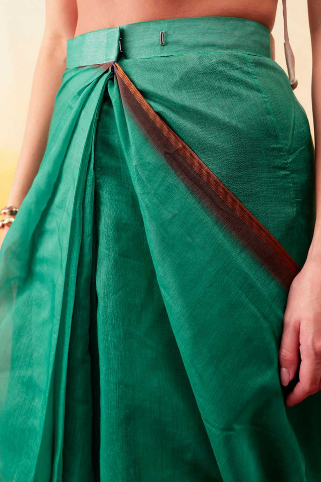 Green Solid Cotton Blend Ready to Wear Saree