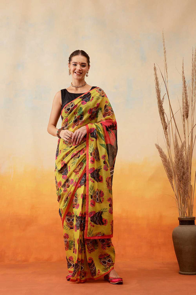 Mustard Animal Printed Cotton Blend Ready to Wear Saree