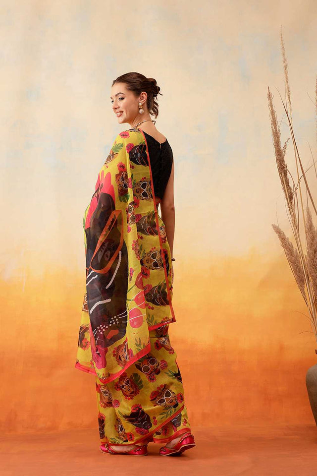 Mustard Animal Printed Cotton Blend Ready to Wear Saree