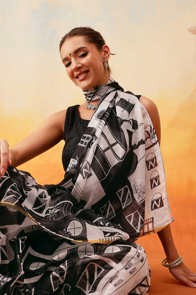 White Abstract Printed Cotton Blend Ready to Wear Saree