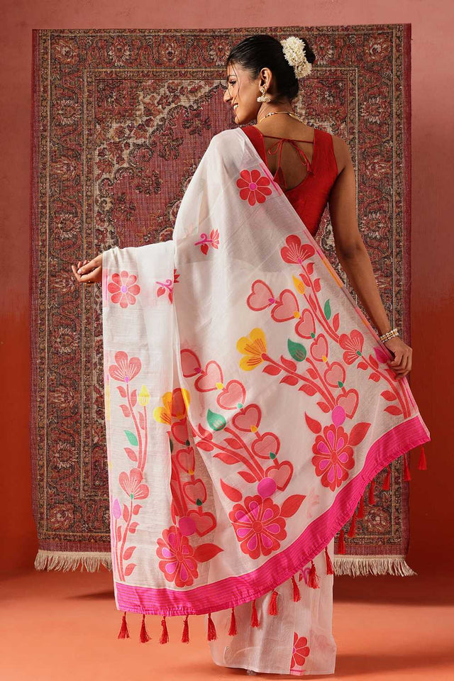White Woven Cotton Blend Ready to Wear Saree
