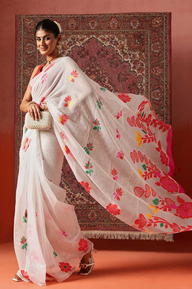 White Woven Cotton Blend Ready to Wear Saree