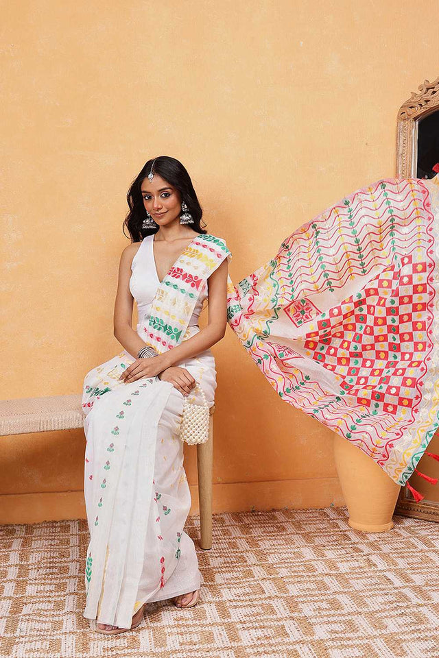 White Floral Woven Cotton Ready to Wear Saree