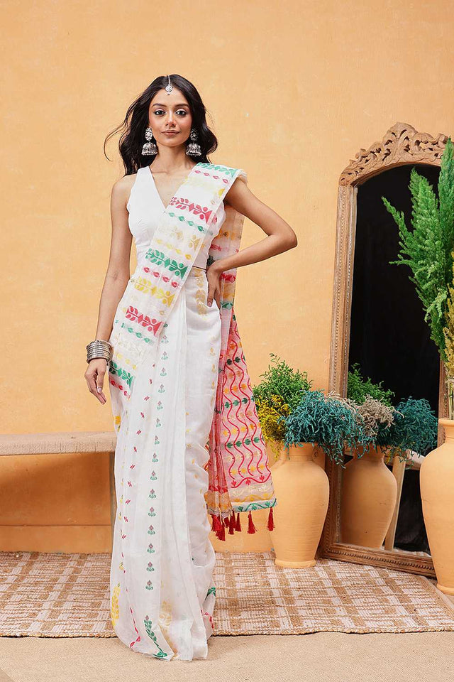 White Floral Woven Cotton Ready to Wear Saree