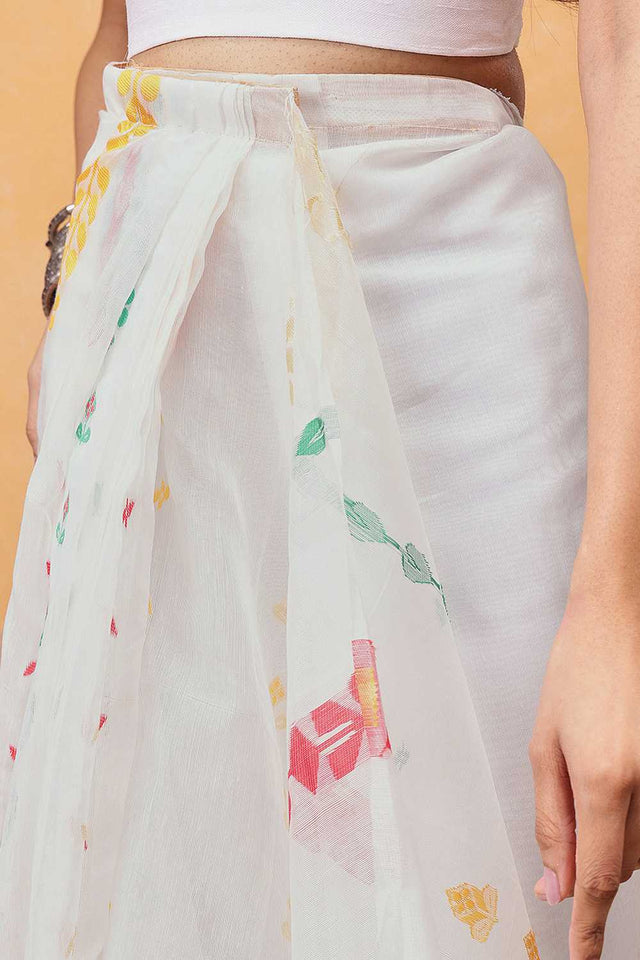 White Floral Woven Cotton Ready to Wear Saree