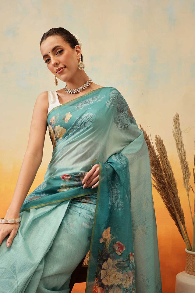 Turquoise Kalamkari Printed Cotton Blend Ready to Wear Saree