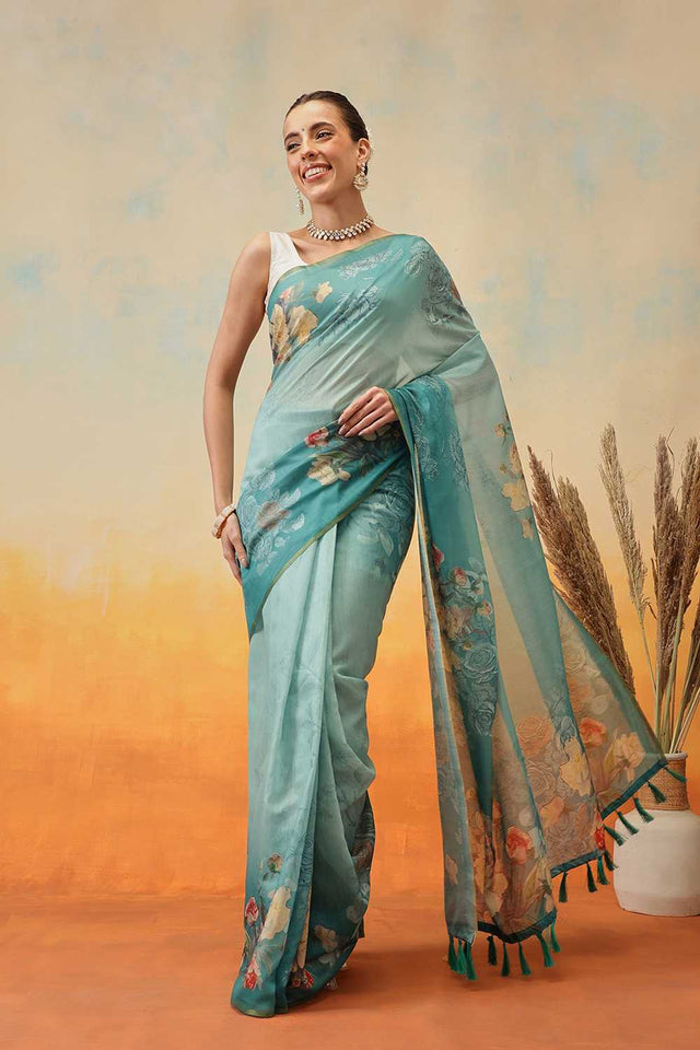 Turquoise Kalamkari Printed Cotton Blend Ready to Wear Saree