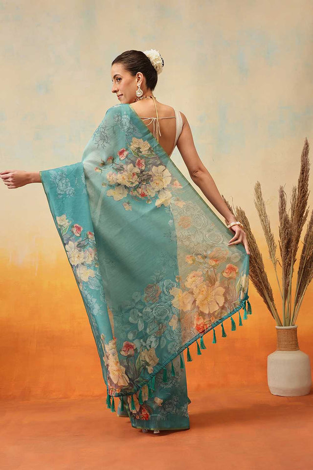 Turquoise Kalamkari Printed Cotton Blend Ready to Wear Saree
