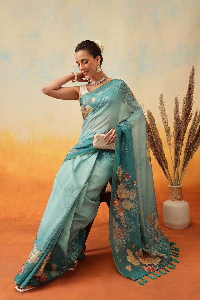 Turquoise Kalamkari Printed Cotton Blend Ready to Wear Saree