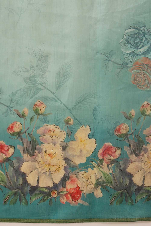 Turquoise Kalamkari Printed Cotton Blend Ready to Wear Saree