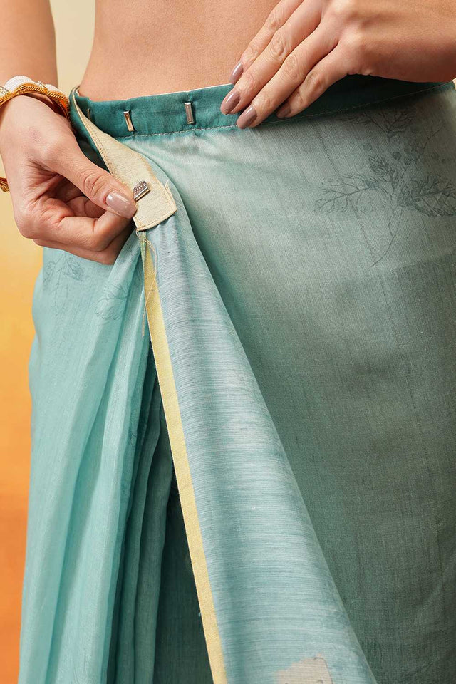 Turquoise Kalamkari Printed Cotton Blend Ready to Wear Saree