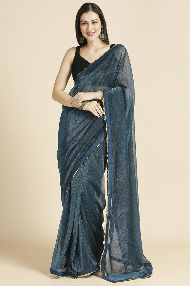 Teal Fancy Fabric Sequins Work Party Wear Designer Saree