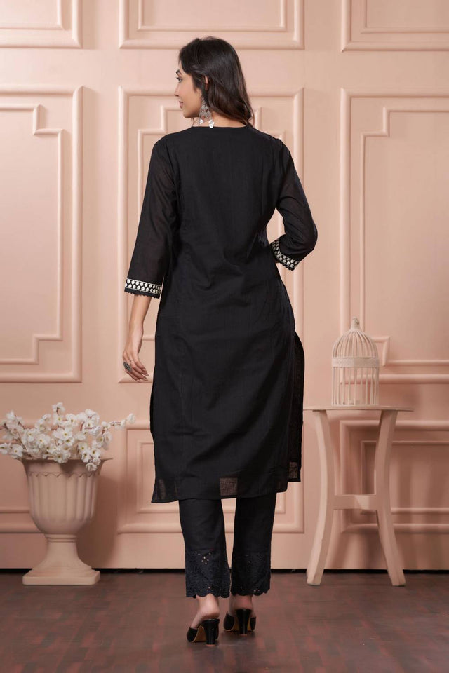Black Embroidered Cotton Kurti Pant Set