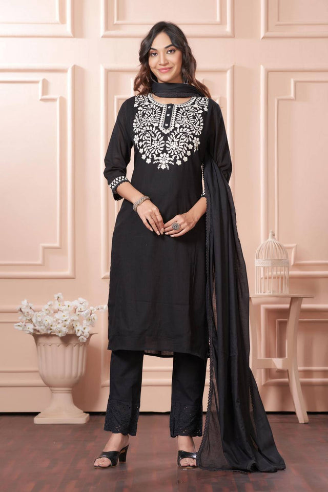 Black Embroidered Cotton Kurti Pant Set