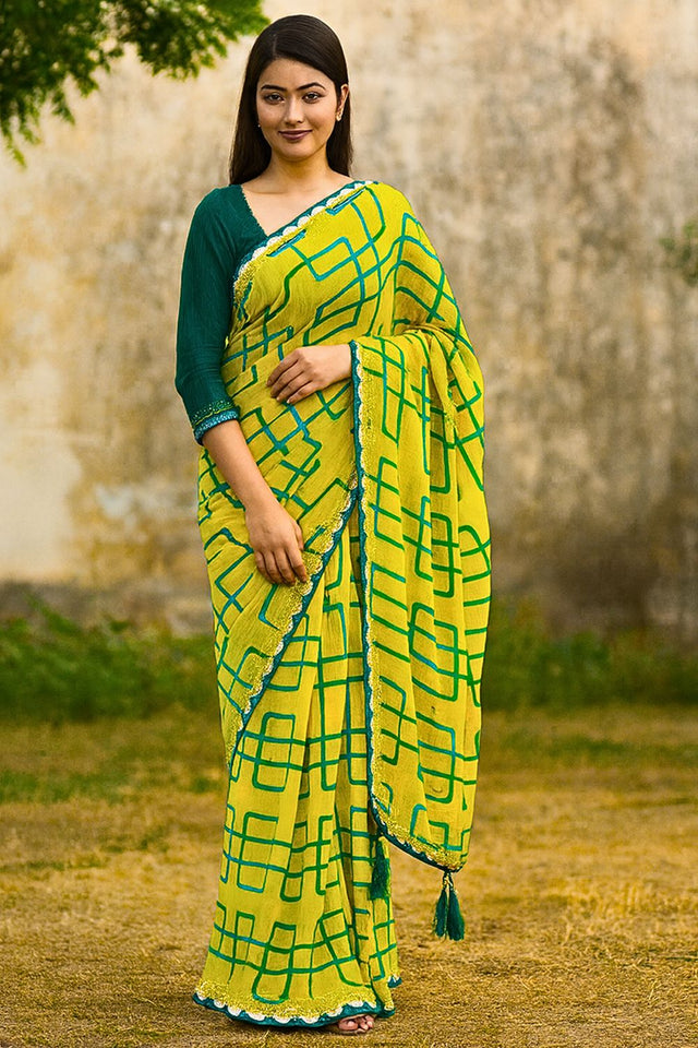 Yellow Printed Georgette Saree (Saroski)