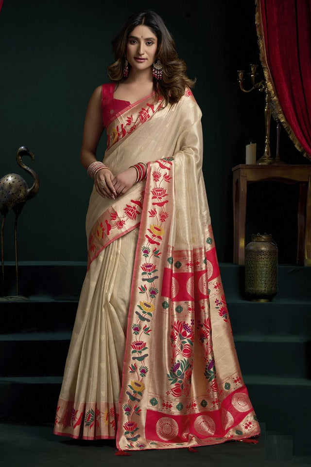 Off White Paithani Woven Tissue Saree (Seerat-3401)