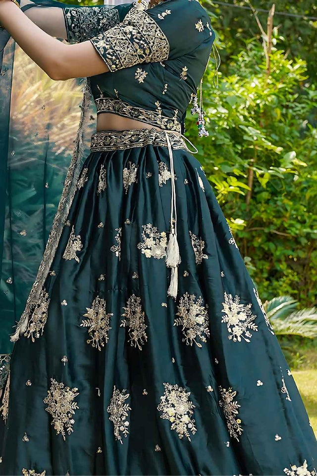 Dark Green Embroidered Silk Lehenga