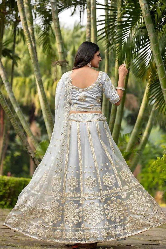 Grey Embroidered Net Lehenga