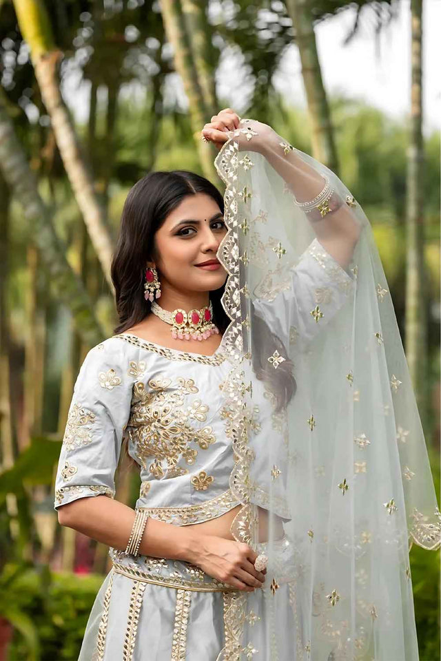 Grey Embroidered Net Lehenga