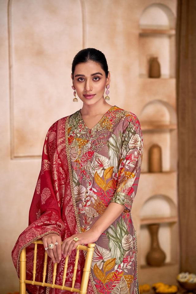 Brown Floral Printed Modal Chanderi Straight Cut Suit Set