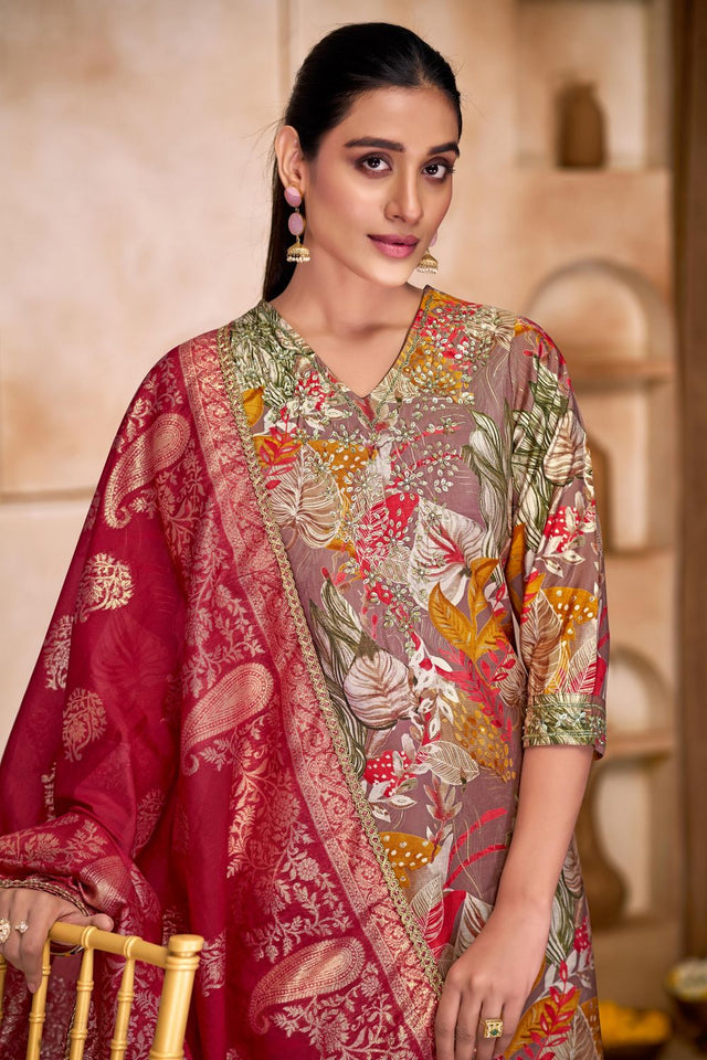 Brown Floral Printed Modal Chanderi Straight Cut Suit Set