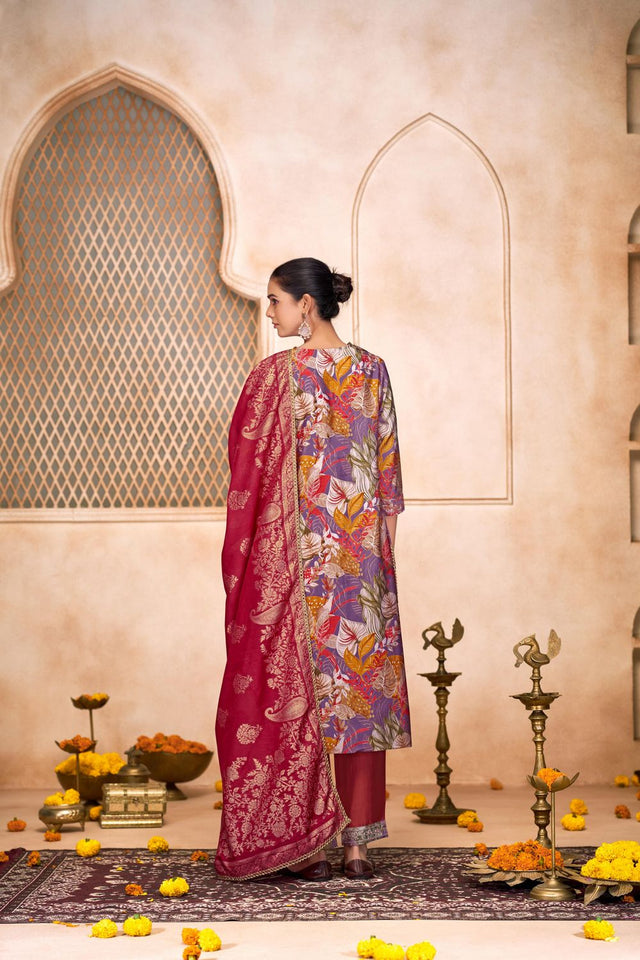 Violet Floral Printed Modal Chanderi Straight Cut Suit Set