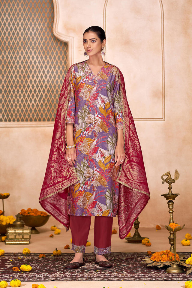 Violet Floral Printed Modal Chanderi Straight Cut Suit Set