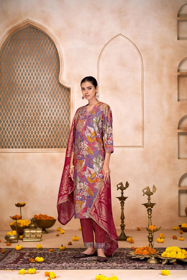Violet Floral Printed Modal Chanderi Straight Cut Suit Set