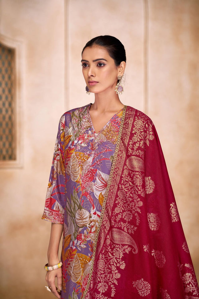 Violet Floral Printed Modal Chanderi Straight Cut Suit Set