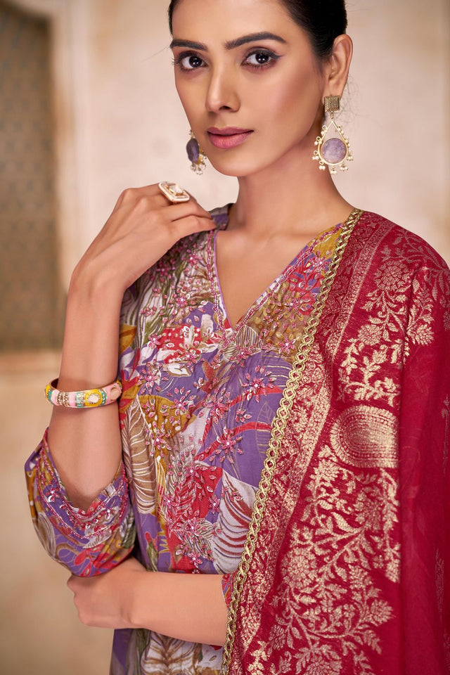 Violet Floral Printed Modal Chanderi Straight Cut Suit Set