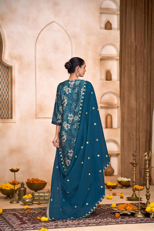 Blue Floral Printed Modal Chanderi Straight Cut Suit Set