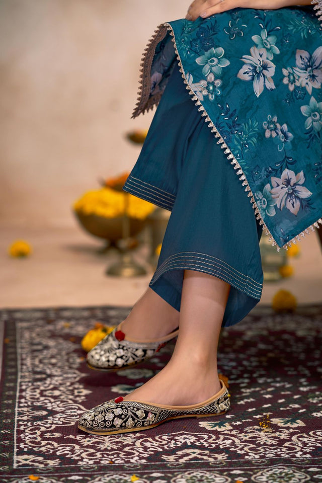 Blue Floral Printed Modal Chanderi Straight Cut Suit Set