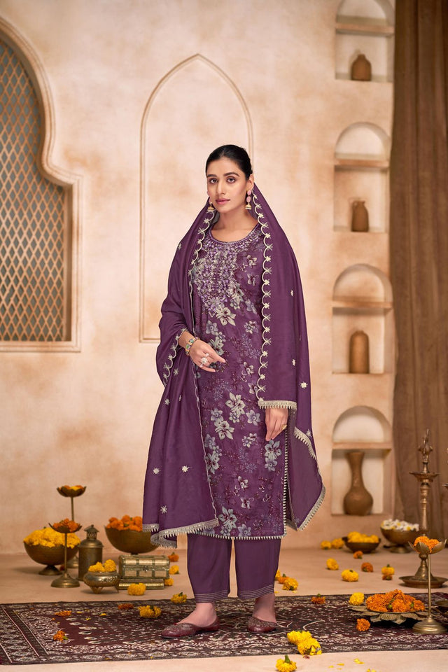 Violet Floral Printed Modal Chanderi Straight Cut Suit Set