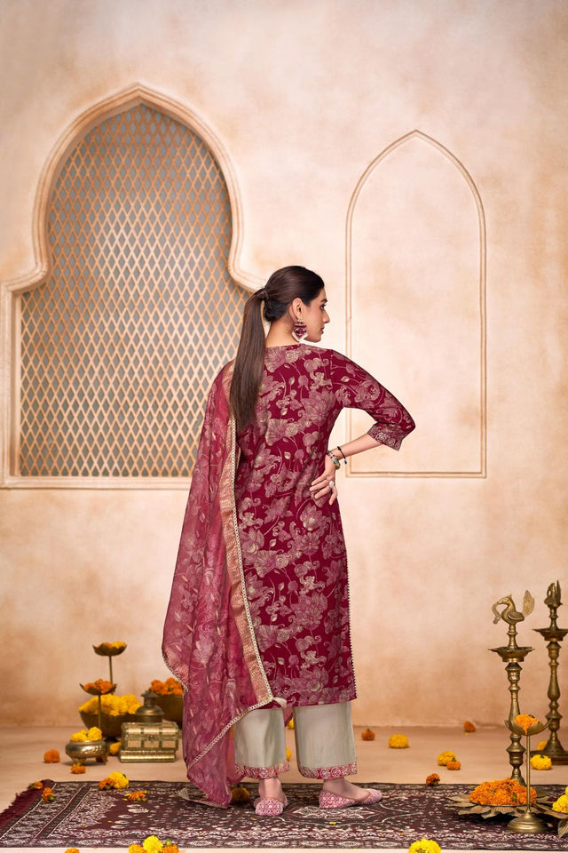 Maroon Floral Printed Modal Chanderi Straight Cut Suit Set