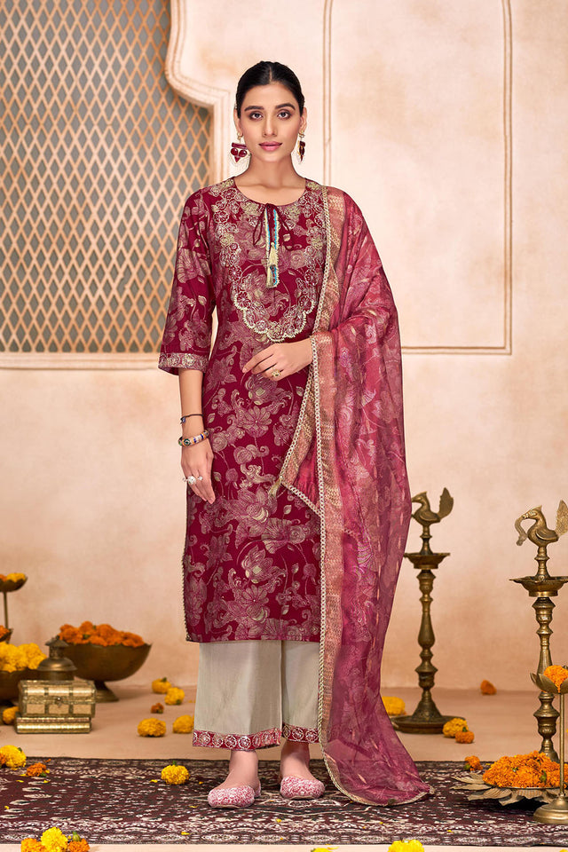 Maroon Floral Printed Modal Chanderi Straight Cut Suit Set