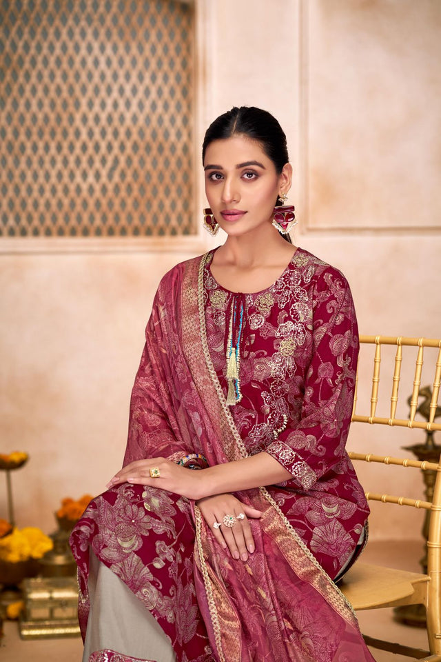 Maroon Floral Printed Modal Chanderi Straight Cut Suit Set