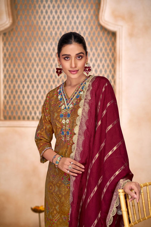 Brown Embroidered Modal Chanderi Straight Cut Suit Set