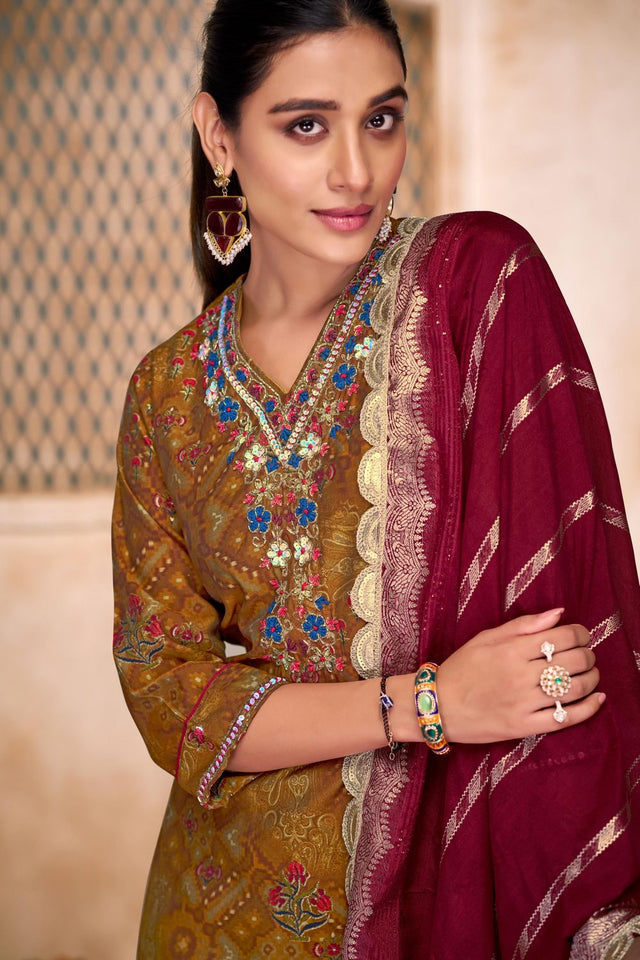 Brown Embroidered Modal Chanderi Straight Cut Suit Set
