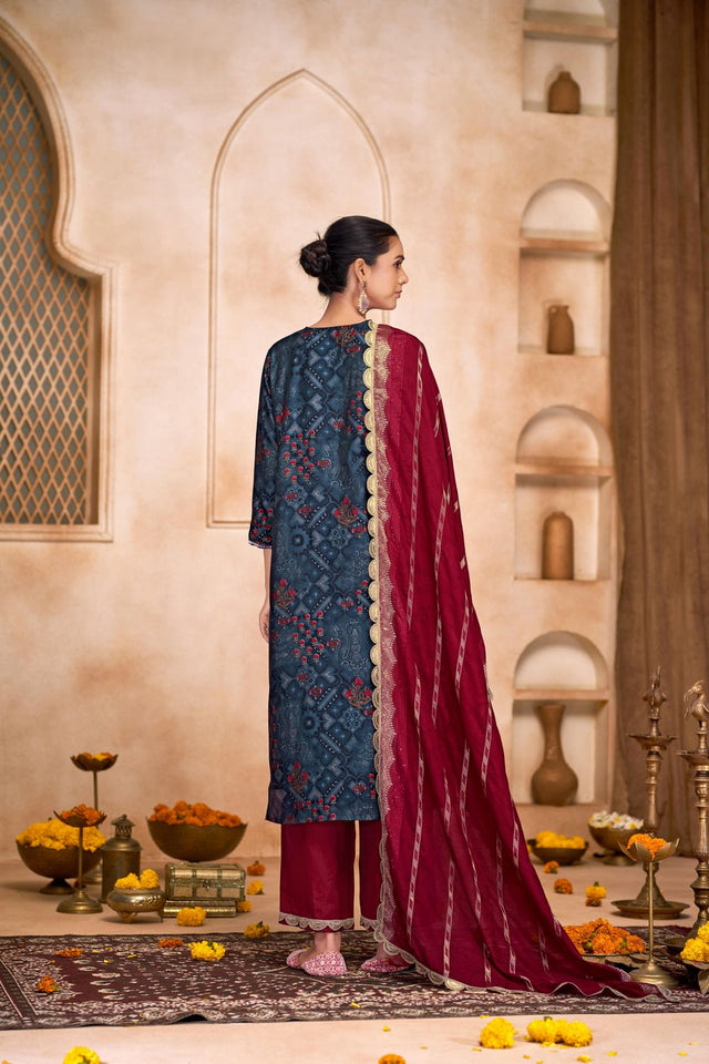 Navy Blue Embroidered Modal Chanderi Straight Cut Suit Set
