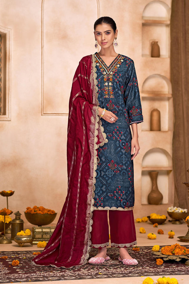 Navy Blue Embroidered Modal Chanderi Straight Cut Suit Set