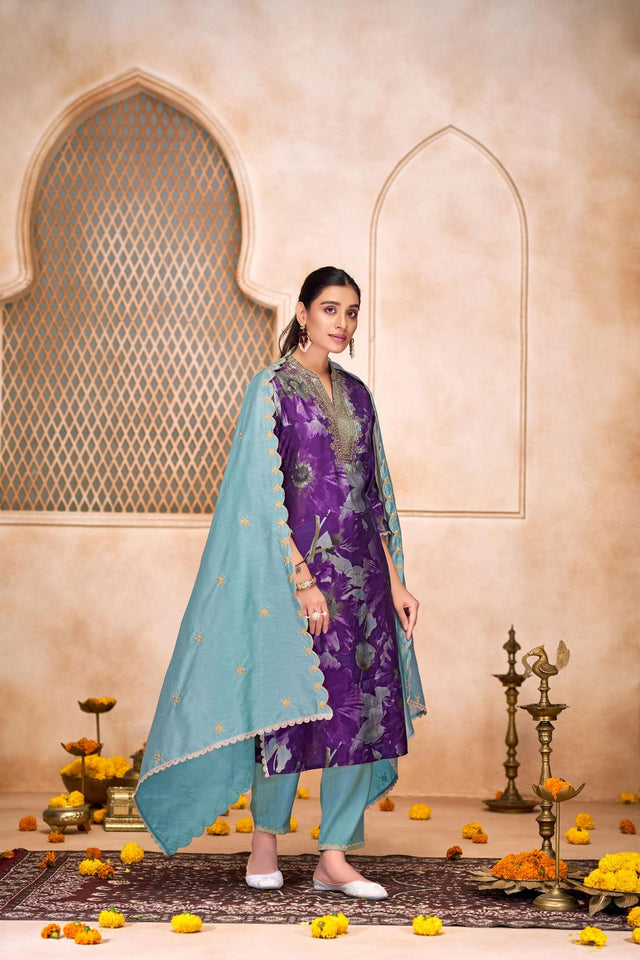 Violet Floral Printed Modal Chanderi Straight Cut Suit Set