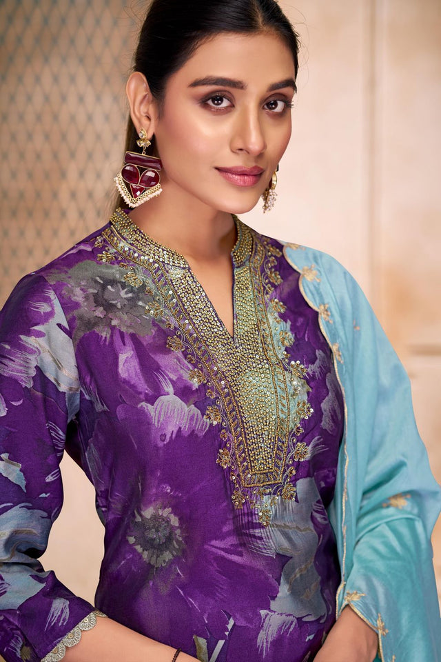 Violet Floral Printed Modal Chanderi Straight Cut Suit Set