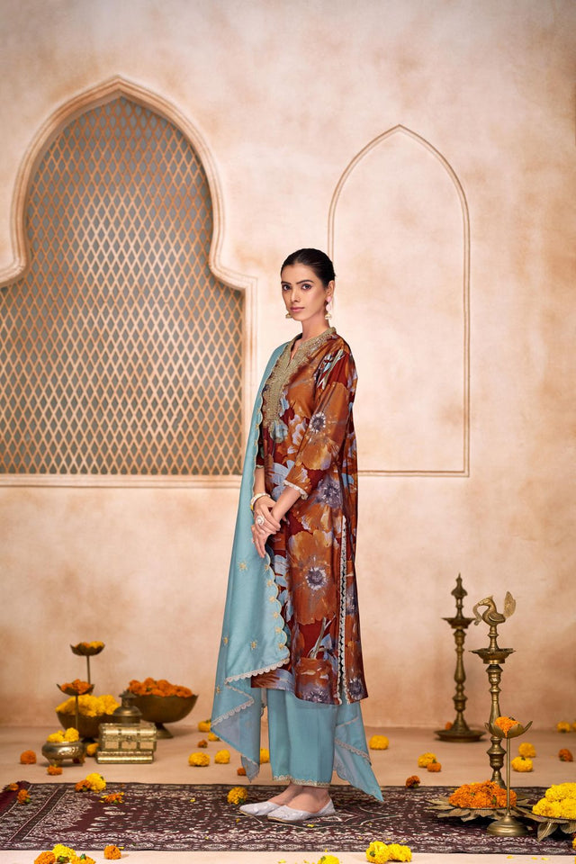 Rust Floral Printed Modal Chanderi Straight Cut Suit Set