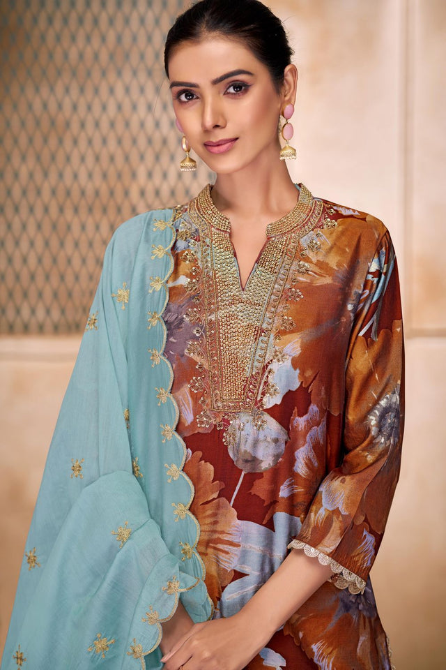 Rust Floral Printed Modal Chanderi Straight Cut Suit Set