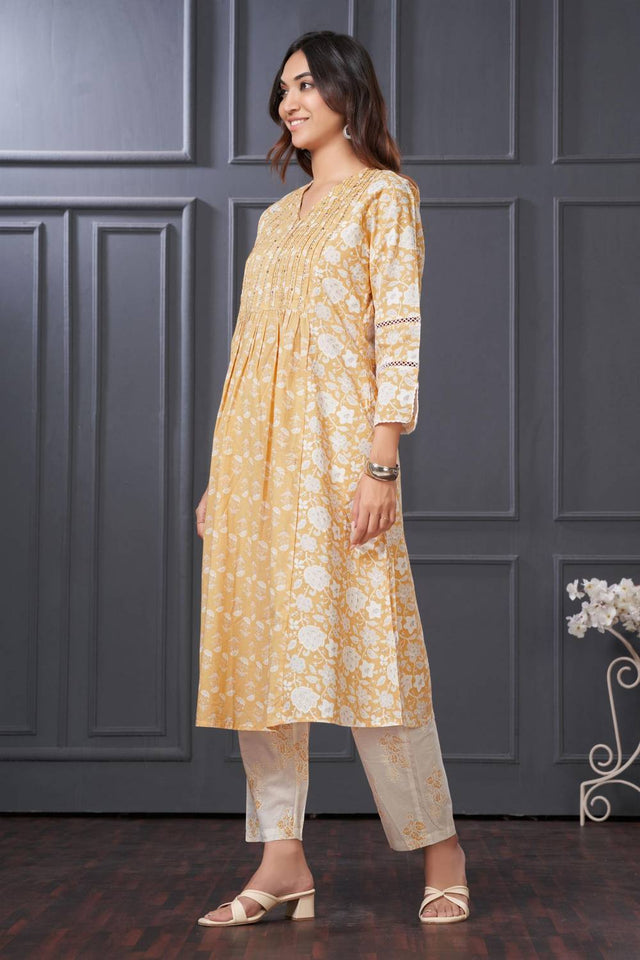 Yellow Floral Printed Cotton Kurti Pant Set