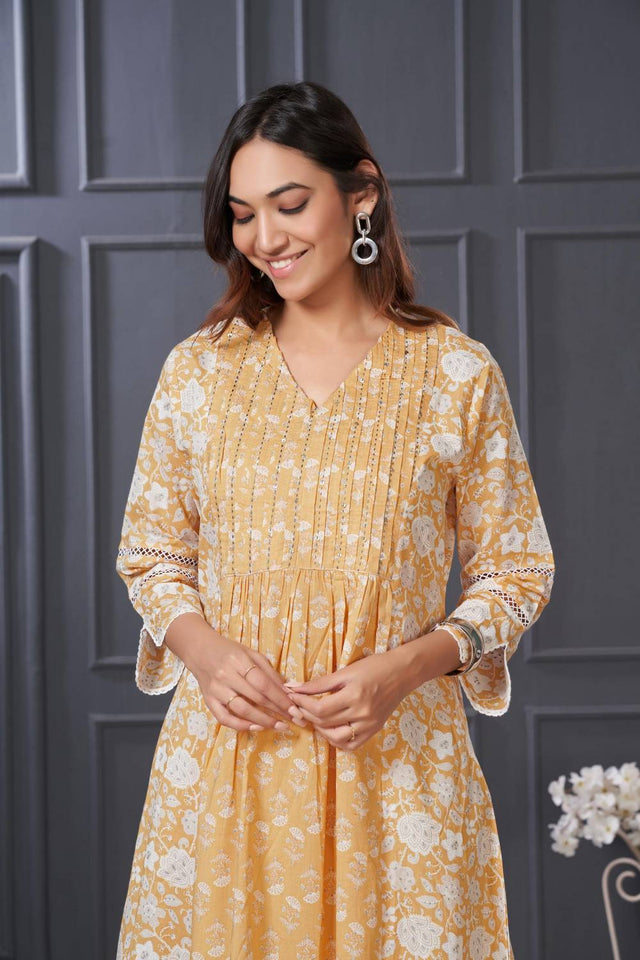 Yellow Floral Printed Cotton Kurti Pant Set